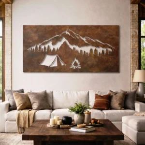 Mountain Camping Scene Metal Wall Art, Oversized Rustic Adventure Decor, Optional RGB LED, Camper Gift