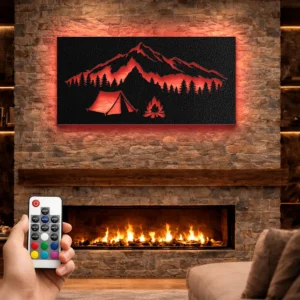 Mountain Camping Scene Metal Wall Art, Oversized Rustic Adventure Decor, Optional RGB LED, Camper Gift