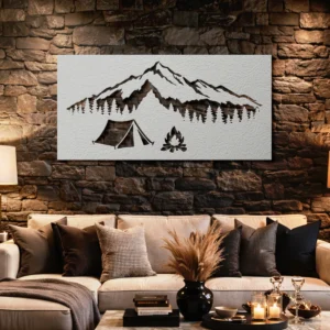 Mountain Camping Scene Metal Wall Art, Oversized Rustic Adventure Decor, Optional RGB LED, Camper Gift