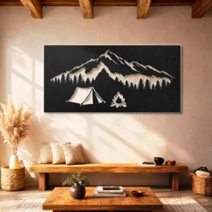 Mountain Camping Scene Metal Wall Art, Oversized Rustic Adventure Decor, Optional RGB LED, Camper Gift