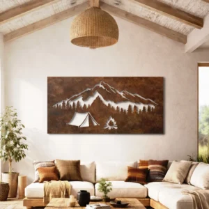 Mountain Camping Scene Metal Wall Art, Oversized Rustic Adventure Decor, Optional RGB LED, Camper Gift