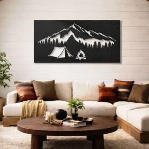 Mountain Camping Scene Metal Wall Art, Oversized Rustic Adventure Decor, Optional RGB LED, Camper Gift