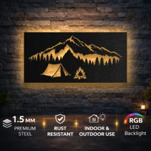 Mountain Camping Scene Metal Wall Art, Oversized Rustic Adventure Decor, Optional RGB LED, Camper Gift