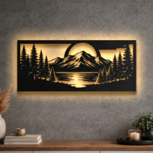 A large rustic metal wall art depicting a serene mountain lake forest scene with an illuminated sun