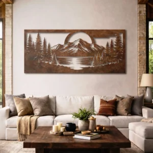 Mountain Lake Forest Scene Metal Art, Oversized Rustic Woodland Decor, Optional LED Backlight, Nature Lover Gift