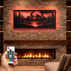 Mountain Lake Forest Scene Metal Art, Oversized Rustic Woodland Decor, Optional LED Backlight, Nature Lover Gift