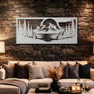 Mountain Lake Forest Scene Metal Art, Oversized Rustic Woodland Decor, Optional LED Backlight, Nature Lover Gift