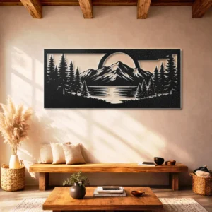 Mountain Lake Forest Scene Metal Art, Oversized Rustic Woodland Decor, Optional LED Backlight, Nature Lover Gift