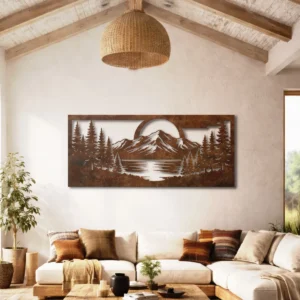 Mountain Lake Forest Scene Metal Art, Oversized Rustic Woodland Decor, Optional LED Backlight, Nature Lover Gift