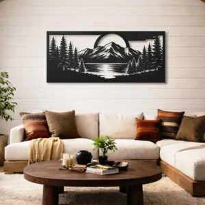 Mountain Lake Forest Scene Metal Art, Oversized Rustic Woodland Decor, Optional LED Backlight, Nature Lover Gift