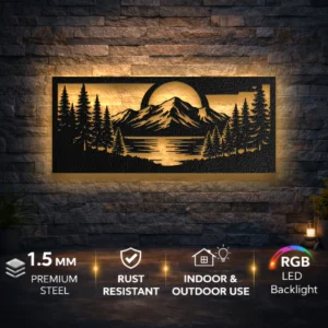 Mountain Lake Forest Scene Metal Art, Oversized Rustic Woodland Decor, Optional LED Backlight, Nature Lover Gift