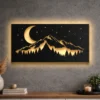 A large rustic metal wall art depicting a mountain night with a crescent moon and stars.