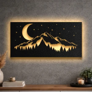 A large rustic metal wall art depicting a mountain night with a crescent moon and stars.