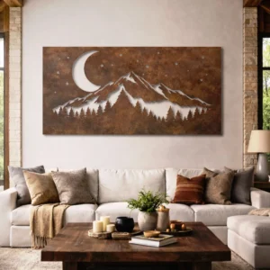 Mountain Night with Crescent Moon Metal Wall Art, Oversized Rustic Forest Decor, Optional RGB LED, Nature Lover Gift