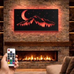 Mountain Night with Crescent Moon Metal Wall Art, Oversized Rustic Forest Decor, Optional RGB LED, Nature Lover Gift