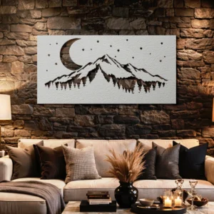 Mountain Night with Crescent Moon Metal Wall Art, Oversized Rustic Forest Decor, Optional RGB LED, Nature Lover Gift