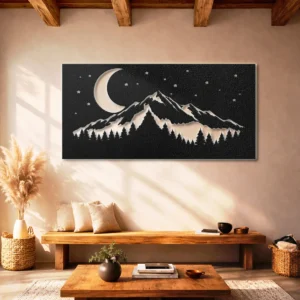 Mountain Night with Crescent Moon Metal Wall Art, Oversized Rustic Forest Decor, Optional RGB LED, Nature Lover Gift