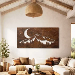 Mountain Night with Crescent Moon Metal Wall Art, Oversized Rustic Forest Decor, Optional RGB LED, Nature Lover Gift