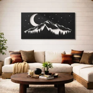 Mountain Night with Crescent Moon Metal Wall Art, Oversized Rustic Forest Decor, Optional RGB LED, Nature Lover Gift