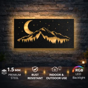 Mountain Night with Crescent Moon Metal Wall Art, Oversized Rustic Forest Decor, Optional RGB LED, Nature Lover Gift