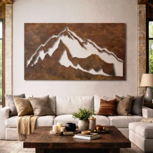 Mountain Peak Silhouette Metal Wall Art, Oversized Rustic Nature Decor, Optional RGB LED, Cabin Home Gift