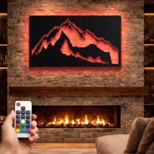 Mountain Peak Silhouette Metal Wall Art, Oversized Rustic Nature Decor, Optional RGB LED, Cabin Home Gift