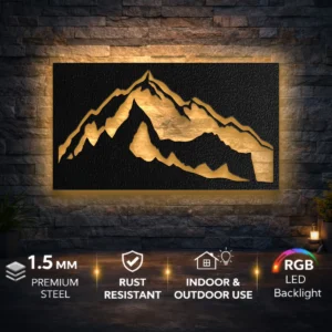 Mountain Peak Silhouette Metal Wall Art, Oversized Rustic Nature Decor, Optional RGB LED, Cabin Home Gift