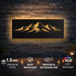 Mountain Peaks Metal Wall Art, Oversized Rustic Alpine Decor, Optional RGB LED, Adventure Lover Gift