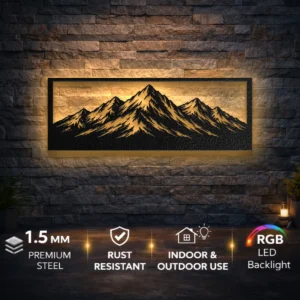 Mountain Range Panorama Metal Wall Art, Oversized Rustic Landscape Decor, Optional LED Backlight, Nature Lover Gift