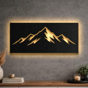 A large rustic metal mountain range silhouette wall art with warm LED backlighting