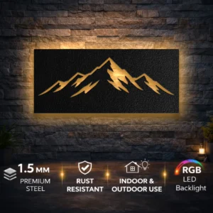 Mountain Range Silhouette Metal Wall Art, Oversized Rustic Nature Decor, Optional RGB LED, Adventure Lover Gift