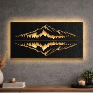 Large Mountain Reflection Lake metal wall art with warm LED backlight