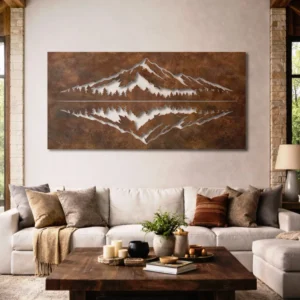 Mountain Reflection Lake Metal Art, Large Rustic Landscape Sign, Optional RGB LED Backlight, Outdoor Enthusiast Gift