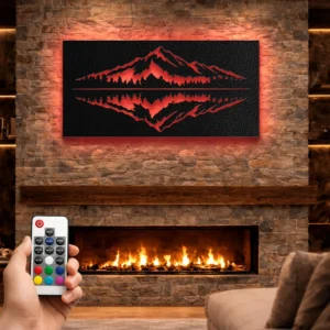 Mountain Reflection Lake Metal Art, Large Rustic Landscape Sign, Optional RGB LED Backlight, Outdoor Enthusiast Gift
