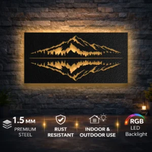 Mountain Reflection Lake Metal Art, Large Rustic Landscape Sign, Optional RGB LED Backlight, Outdoor Enthusiast Gift