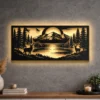 Oversized Mountain River Forest Landscape metal wall art with LED backlight.