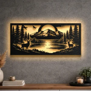Oversized Mountain River Forest Landscape metal wall art with LED backlight