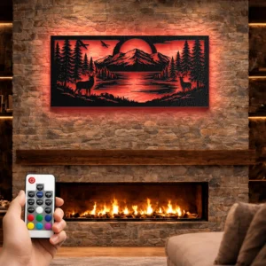 Mountain River Forest Landscape Metal Wall Art, Oversized Rustic Nature Sign, Optional LED Backlight, Cabin Decor Gift