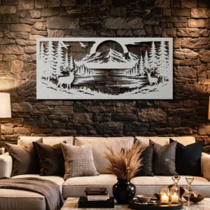 Mountain River Forest Landscape Metal Wall Art, Oversized Rustic Nature Sign, Optional LED Backlight, Cabin Decor Gift