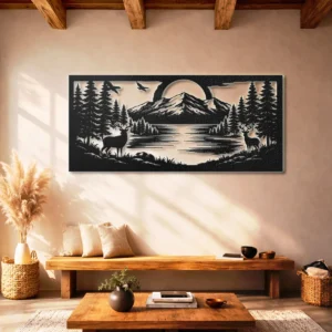 Mountain River Forest Landscape Metal Wall Art, Oversized Rustic Nature Sign, Optional LED Backlight, Cabin Decor Gift