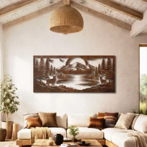 Mountain River Forest Landscape Metal Wall Art, Oversized Rustic Nature Sign, Optional LED Backlight, Cabin Decor Gift