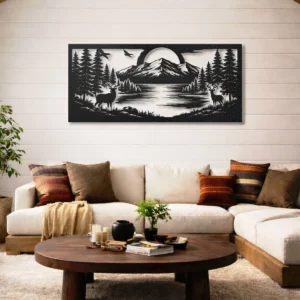 Mountain River Forest Landscape Metal Wall Art, Oversized Rustic Nature Sign, Optional LED Backlight, Cabin Decor Gift