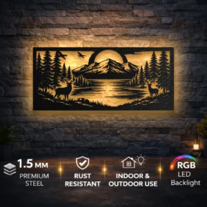 Mountain River Forest Landscape Metal Wall Art, Oversized Rustic Nature Sign, Optional LED Backlight, Cabin Decor Gift