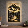 Large rustic metal wall art depicting a mountain and forest river scene.