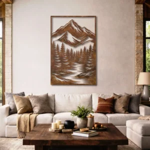 Mountain River Forest Metal Art, Oversized Rustic Woodland Decor, Optional RGB LED, Nature Lover Gift