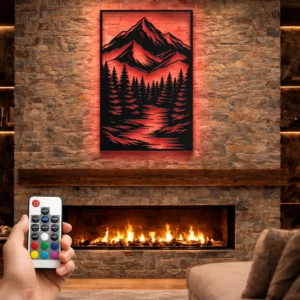 Mountain River Forest Metal Art, Oversized Rustic Woodland Decor, Optional RGB LED, Nature Lover Gift