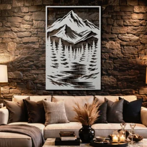 Mountain River Forest Metal Art, Oversized Rustic Woodland Decor, Optional RGB LED, Nature Lover Gift