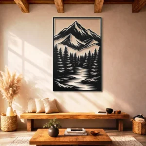 Mountain River Forest Metal Art, Oversized Rustic Woodland Decor, Optional RGB LED, Nature Lover Gift