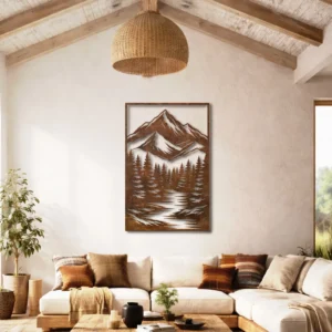 Mountain River Forest Metal Art, Oversized Rustic Woodland Decor, Optional RGB LED, Nature Lover Gift