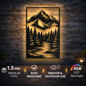 Mountain River Forest Metal Art, Oversized Rustic Woodland Decor, Optional RGB LED, Nature Lover Gift